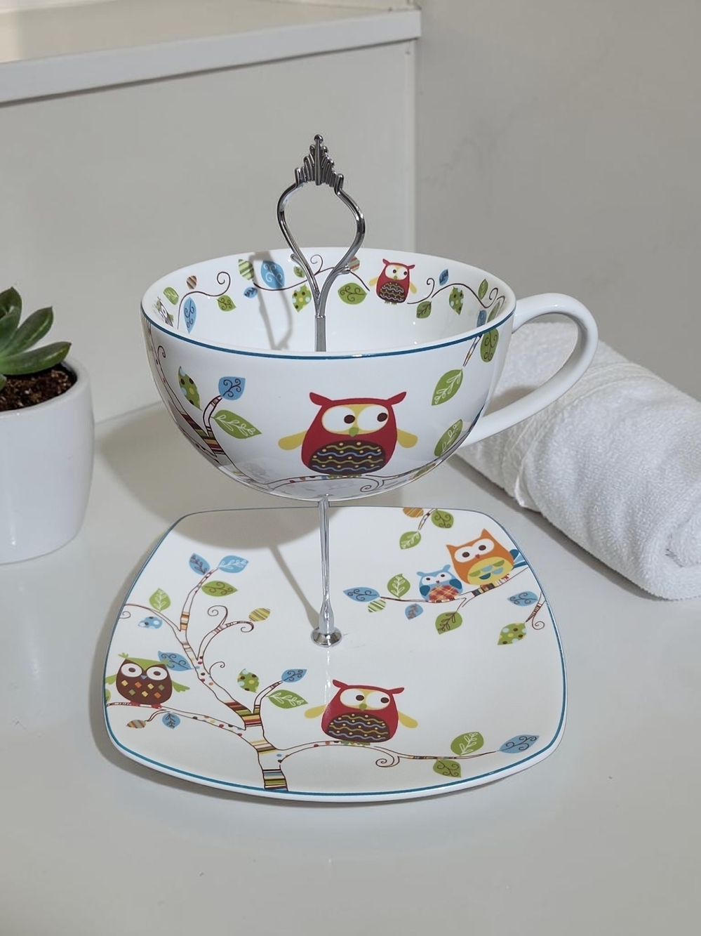 Owl Pattern Tea Cup & Snack Plate Set -